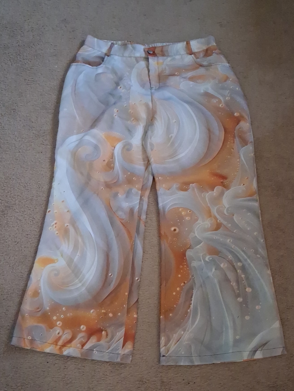Women XXL Swirls & Dots Print Wide Leg Pants in Cream Orange Grey Swirly Colors